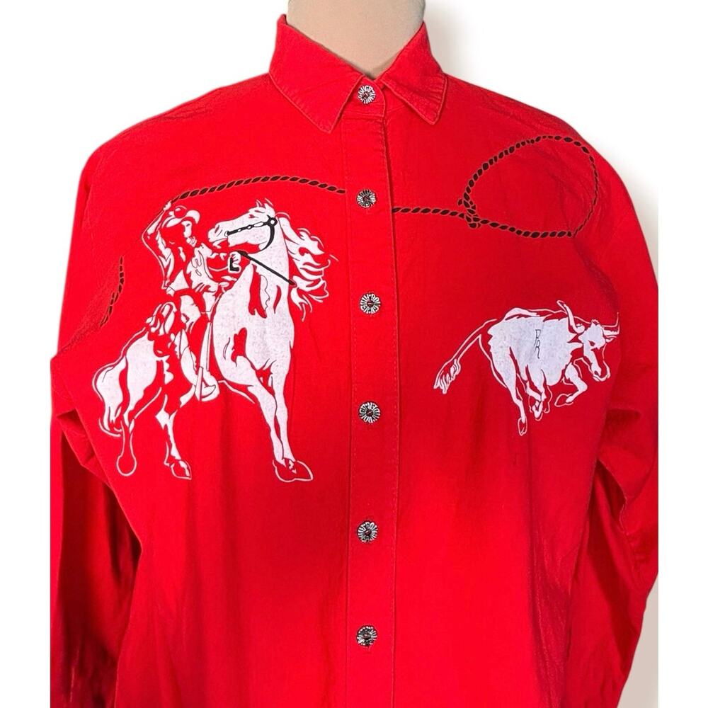 Vintage Roughrider Red Western Cowboy Rodeo Horse Bull Button Up Shirt Rodeo Top